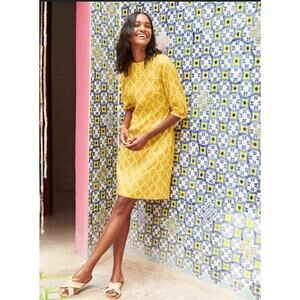 Boden Mustard Yellow Linen Pineapple Print Dress Size 12